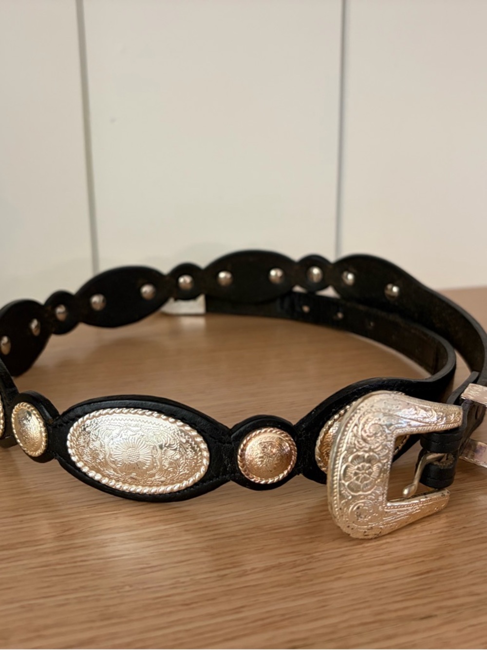 Western-Style Black Leather Belt with Decorative Gold Conchos